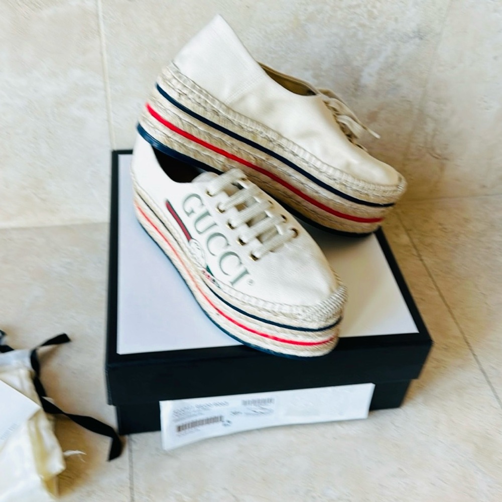 Gucci Women's White Espadrille Sneakers with Red and Blue Stripes